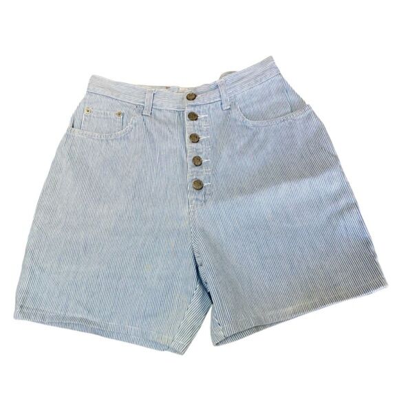 Gitano Vntg 90s High Waist Pin Stripe 100% Cotton Button Shorts Size 11/12 28x5 - Picture 1 of 10